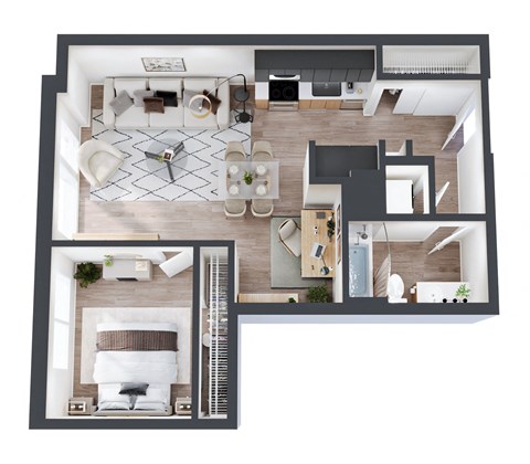 Floor plan for 1 bed, 1 bath, 695 sqft
